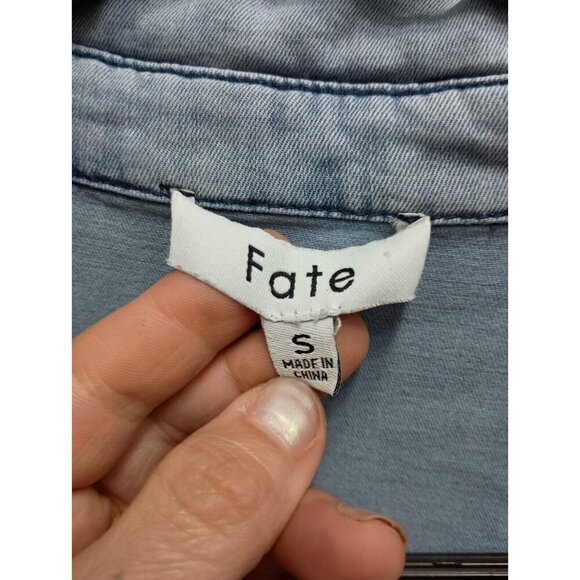 Fate Womens BOHO Shirt Small Blue Chambray Oversized Lantern Sleeve Button Up - Picture 5 of 11